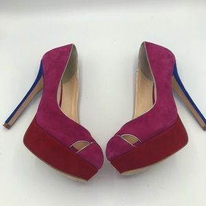 Footcandy pink blue red color block suede heels